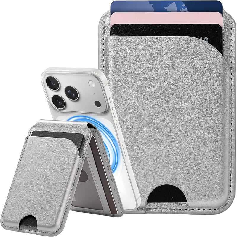 Spotelo Magnetic Wallet for iPhone, Compatible with MagSafe Adjustable Stand Wallet, RIFD Blocking Leather Magnetic Card Holder for iPhone 17/16/15/14/13/12 Series, Not for iPhone 13/12 Mini(Silver) - Image 1